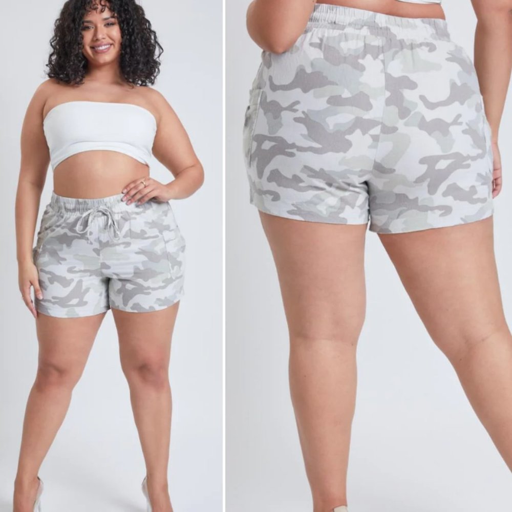 YMI | Faded-Look Camo Linen-Blend Shorts Elastic Waist Cargo Pockets XL NEW